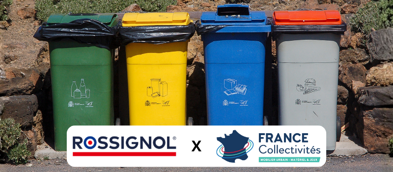Logos France Collectivités et Rossignol illustrant une collaboration pour le réemploi du mobilier urbain et la revalorisation des déchets, avec des poubelles de tri sélectif.