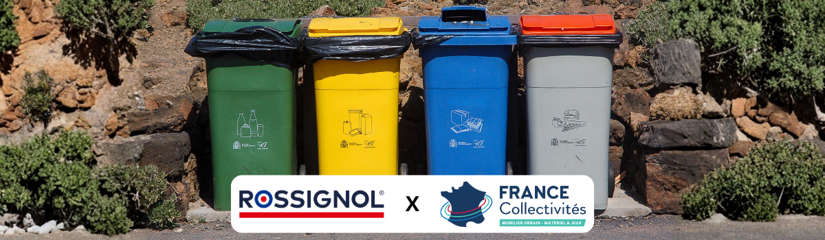 Logos France Collectivités et Rossignol illustrant une collaboration pour le réemploi du mobilier urbain et la revalorisation des déchets, avec des poubelles de tri sélectif.