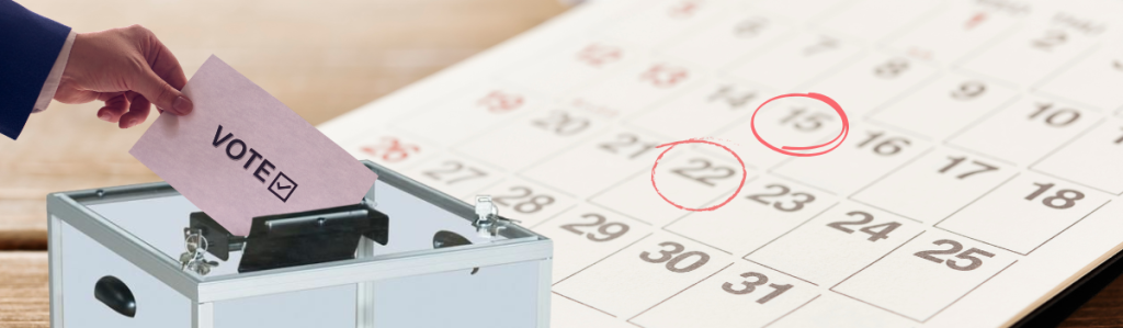 Calendrier des élections municipales 2026 avec une urne de vote, indiquant les dates des 2 tours du scrutin, le 15 et 22 mars