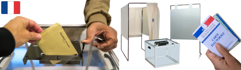 Matériel électoral pour les élections municipales de mars 2026 : urnes, isoloirs, tables et chaises dans un bureau de vote