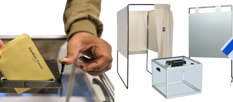 Matériel électoral pour les élections municipales de mars 2026 : urnes, isoloirs, tables et chaises dans un bureau de vote