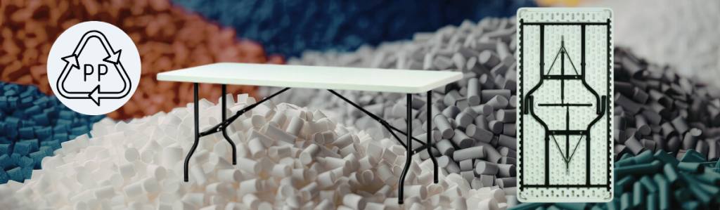 Tables en polypropylène utilisées en intérieur et en extérieur, résistantes et faciles à entretenir.