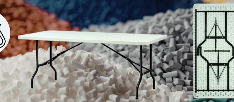 Tables en polypropylène utilisées en intérieur et en extérieur, résistantes et faciles à entretenir.